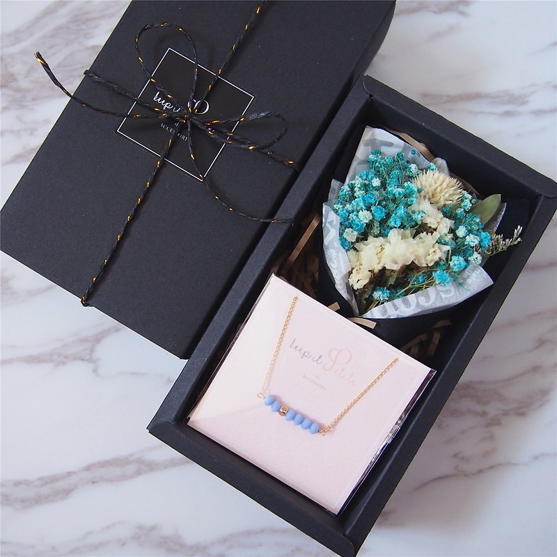Valentine's Day Gift Goody Bag - [Lucky Bag Flower Gift Box Classic Black] Romantic Set · Drying Bouquet B + Necklace - Necklaces - Other Metals Blue