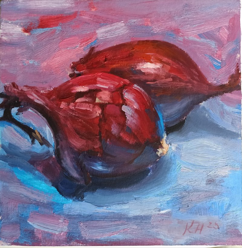 Onions oil painting Small etude, Onion still life painting, Original Fine Art - ตกแต่งผนัง - วัสดุอื่นๆ หลากหลายสี