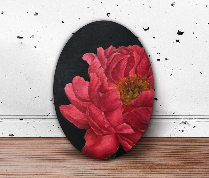 Peony oil painting, original artwork, flower floral wall art on oval canvas - 壁貼/牆壁裝飾 - 其他材質 紅色