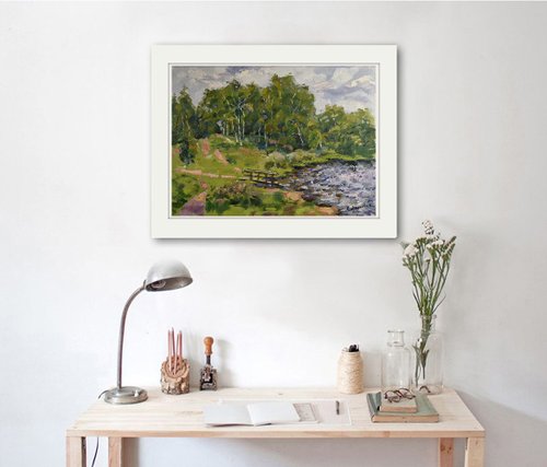 夏 絵画 オリジナル アート リアリズム 風景 白樺 湖 アートワーク 木