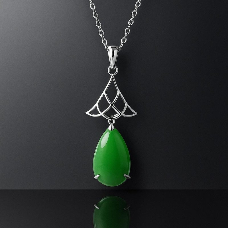 Natural jade pendant natural jasper 9x14 A pure silver 925 necklace gift - สร้อยคอ - หยก สีเขียว