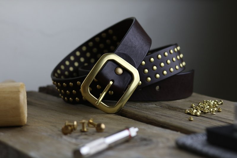 Light rock punk-handmade belt / width 40mm / for men and women / Bronze/ rivets / brown - เข็มขัด - หนังแท้ สีนำ้ตาล