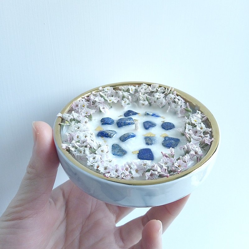 Lazurite - White Marble bowl | Dried flower Crystal Natural Soywax Candle - Candles & Candle Holders - Wax Blue