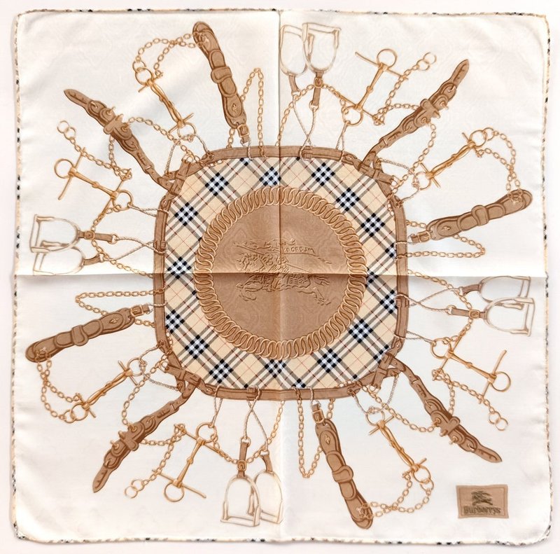 Burberry Vintage Handkerchief – Equestrian Knight & Check Frame 21 x 21 inches - 手帕 - 棉．麻 卡其色