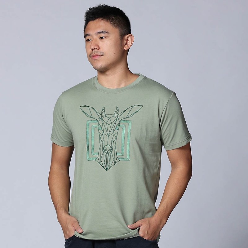 【フォレストアニマルシリーズ】幾何学ヤギ刺繡ユニセックスTシャツ（グリーン） - Tシャツ メンズ - その他の素材 グリーン