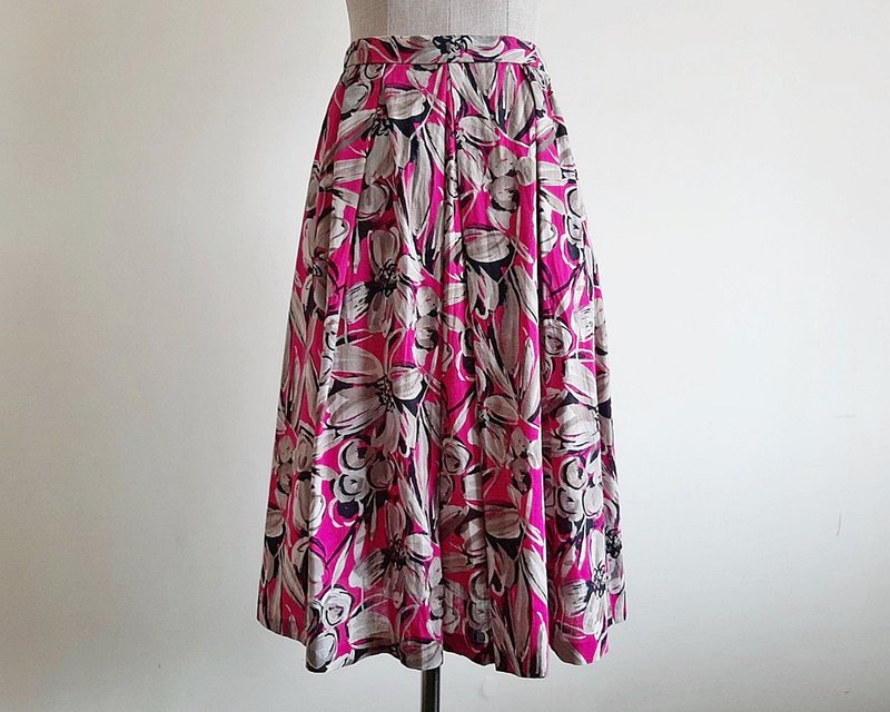 25 Waist Vintage Brown Pink Floral Skirt Womens Cotton Midi Skirt Pleated Skirt - 裙子/長裙 - 棉．麻 粉紅色