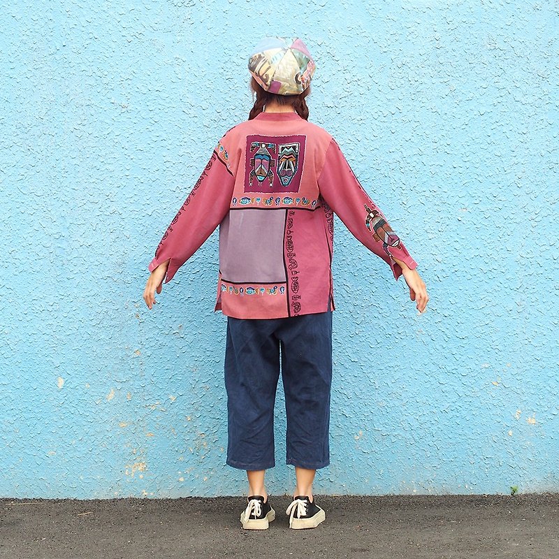 シャオNiu Cun古代の長袖シャツブラウス中山中襟[インドの幸運の絵画] V  -  33 - シャツ メンズ - コットン・麻 ピンク