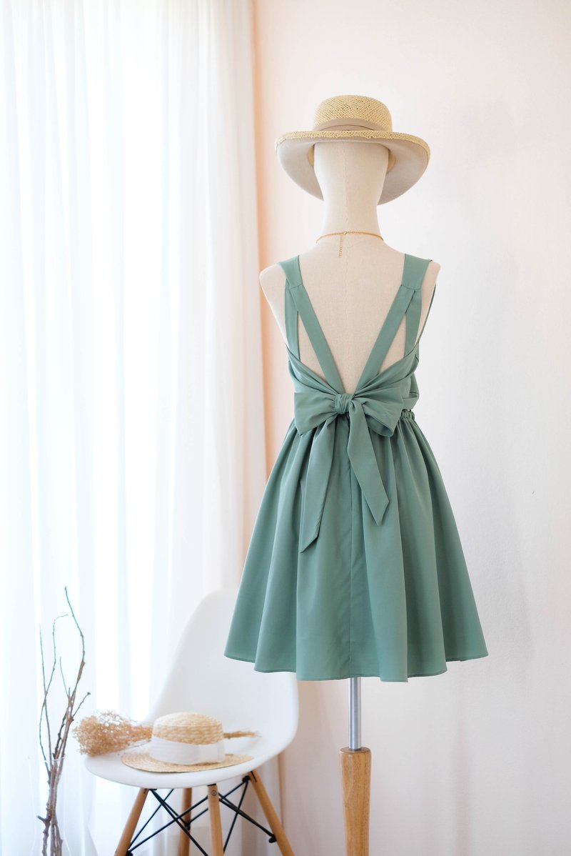 Earthy Russian Green Dress Bridesmaid dress backless party Cocktail short dress - Evening Dresses & Gowns - Polyester Green