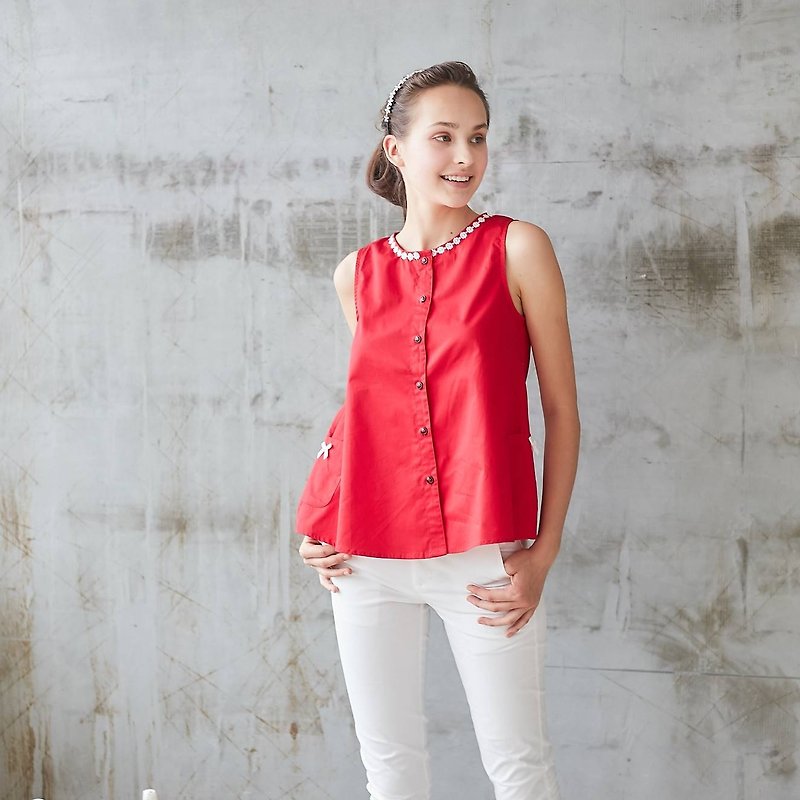 Red Lace-Trim Button-Front Sleeveless Top - เสื้อผู้หญิง - ผ้าฝ้าย/ผ้าลินิน สีแดง