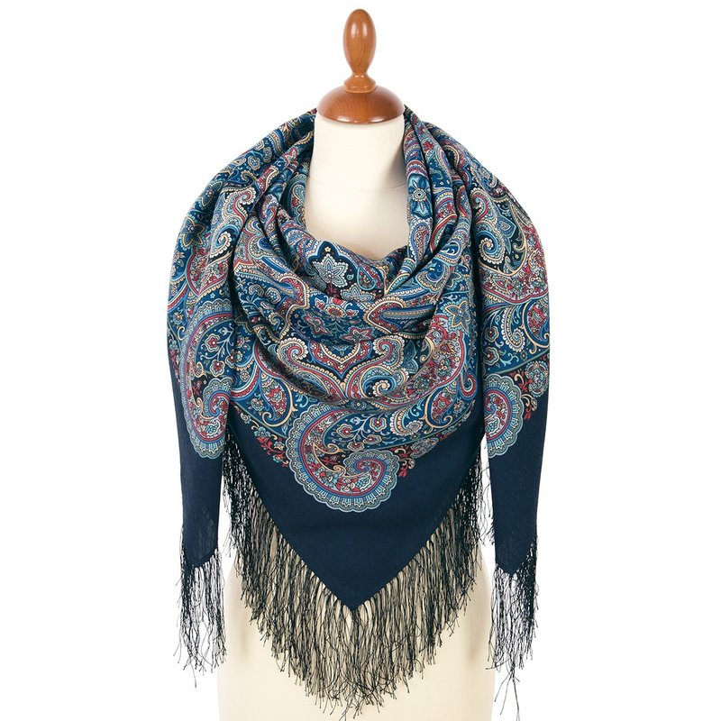 Pavlovo Posad Russian Shawl 100% Wool Scarf 125x125 cm Wrap Silk Fringe 1928-14 - Scarves - Wool Blue