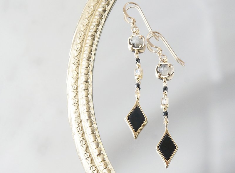 [14KGF] Earrings, Gemstone Labradorite, Black Diamond - ต่างหู - เครื่องเพชรพลอย สีดำ