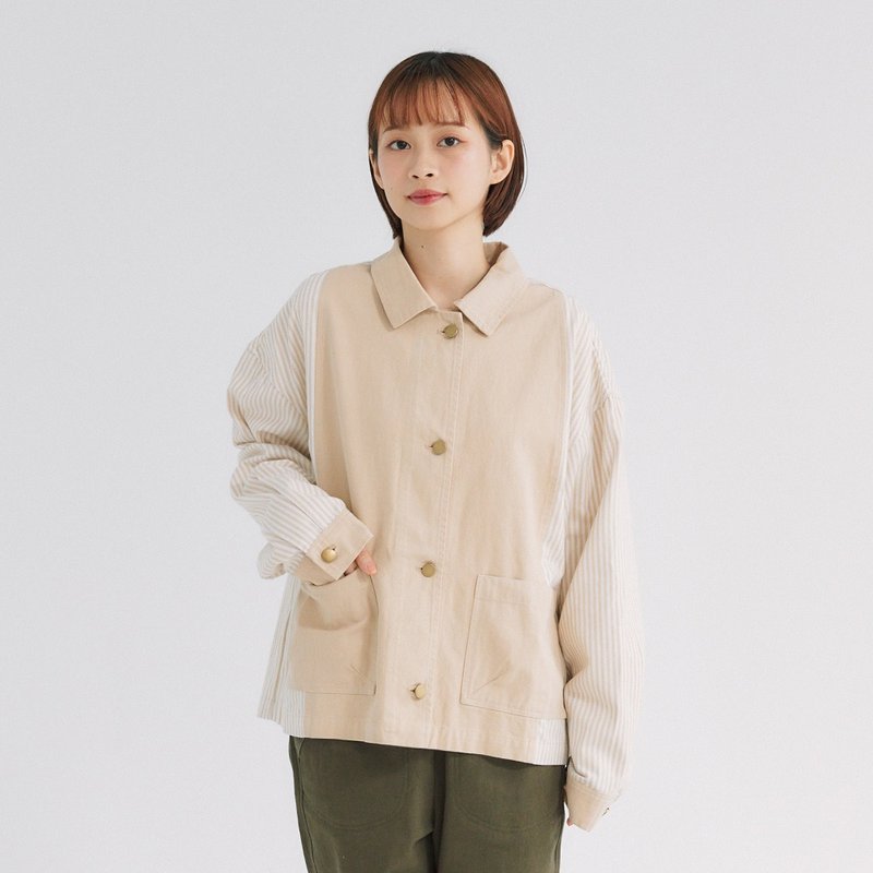 【Simply Yours】條紋拼接重磅外套 杏F - 女大衣/外套 - 棉．麻 卡其色