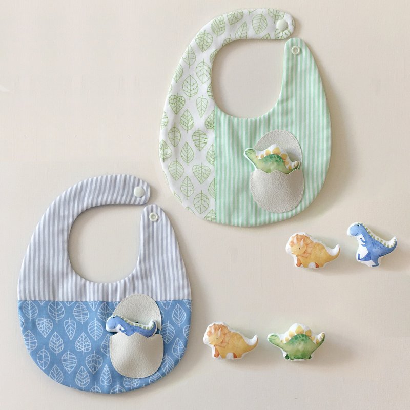 Dinosaur egg bib (including three-color dinosaur)/customizable name/double-sided bib/dinosaur - Bibs - Cotton & Hemp Blue