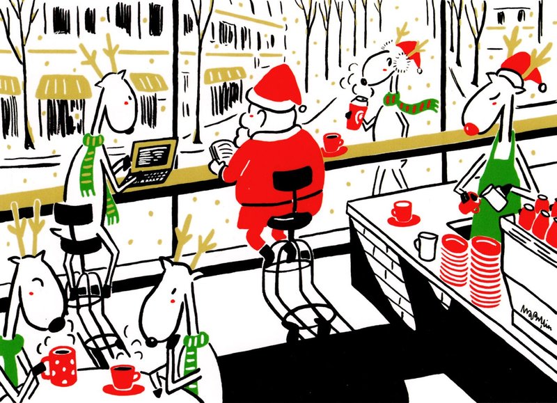 2025限量款聖誕名信片/卡片- 1號 咖啡廳裡chill 一下 - 心意卡/卡片 - 紙 紅色