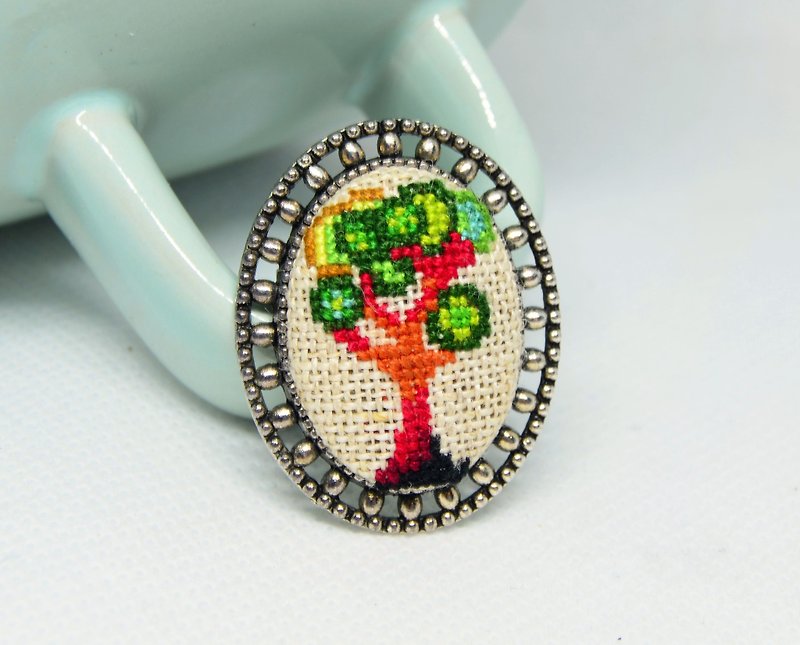 Green tree embroidered brooch, Modern cross stitch jewelry for woman