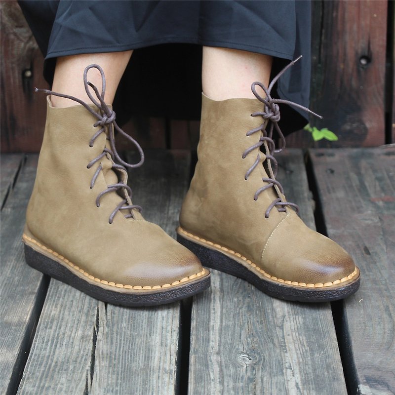 Retro rub color leather tube women's boots simple handmade suede leather Martin boots autumn new - รองเท้าบูทสั้นผู้หญิง - หนังแท้ สีนำ้ตาล