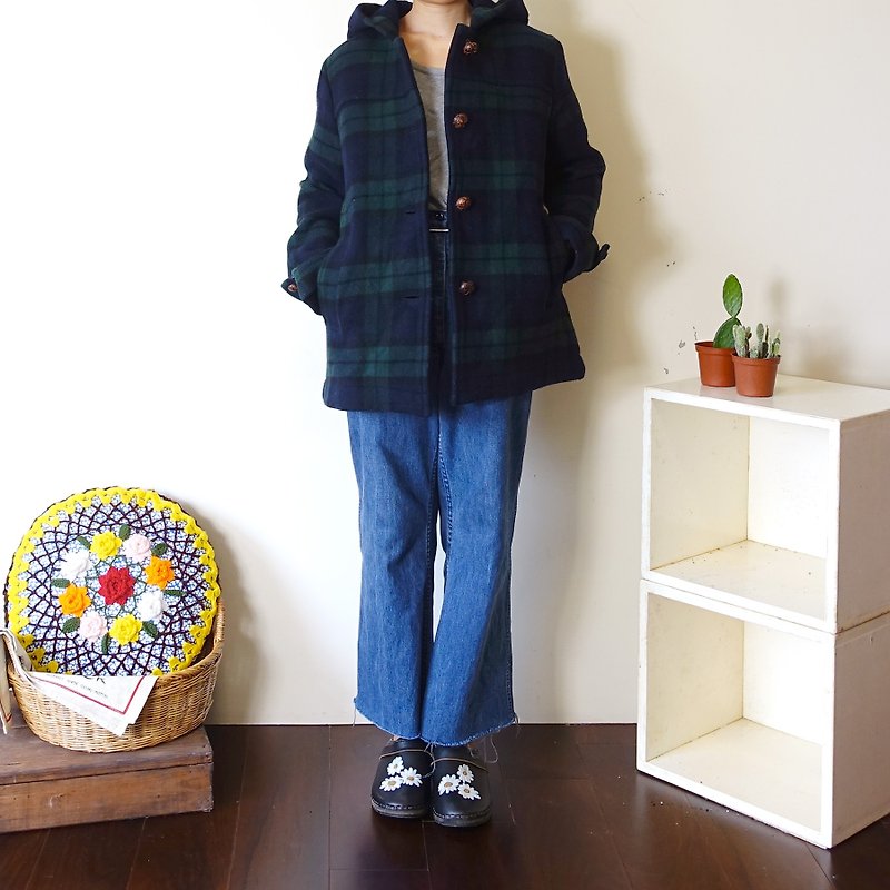 BajuTua / vintage / dark green plaid wool hooded coat - Women's Casual & Functional Jackets - Wool Green