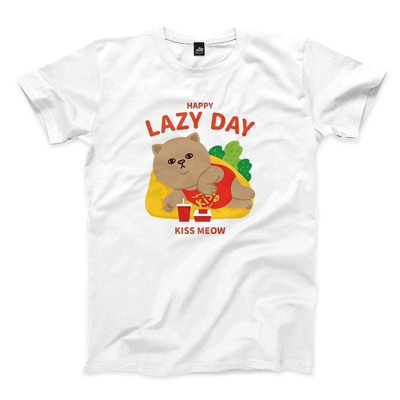 Happy Lazy Day - White - Neutral T-Shirt - เสื้อยืดผู้ชาย - ผ้าฝ้าย/ผ้าลินิน ขาว