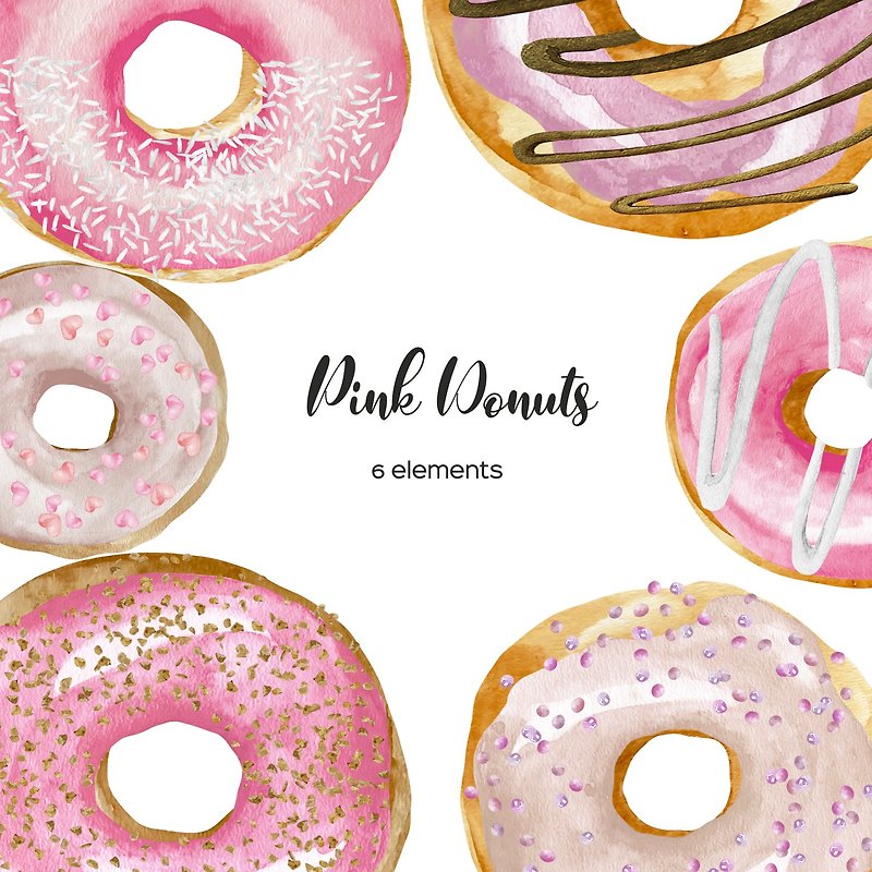 Watercolor Donuts Clipart, Pink Sweet Donuts PNG - วาดภาพ/ศิลปะการเขียน - วัสดุอื่นๆ หลากหลายสี