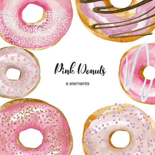 Art and Funny Watercolor Donuts Clipart, Pink Sweet Donuts PNG