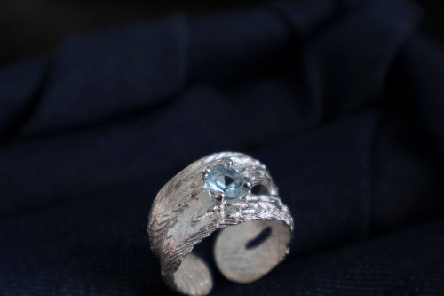 S-JEWELRY首飾店 自然肌理層疊山影紋理純銀鑲嵌異形海藍寶寬臂開口戒指