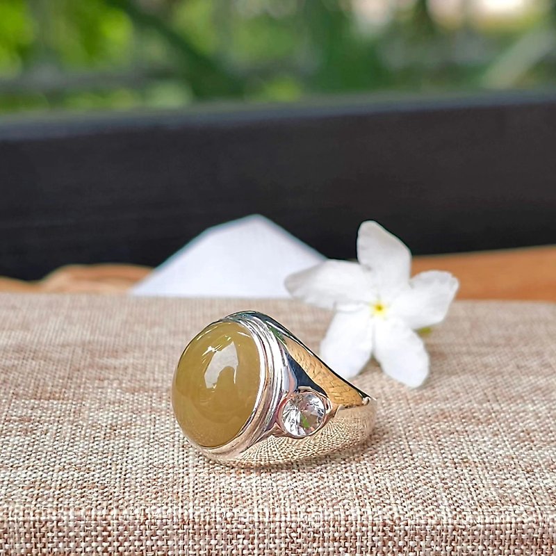 Rare Yellow Honey Jade Ring Translucent 925 Silver Band Cz Natural Ring Size 57 - General Rings - Jade Yellow
