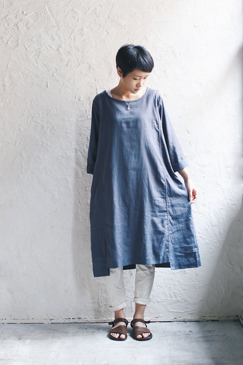 OG flax cotton dress both splice long plate (feet cyan) - ชุดเดรส - ผ้าฝ้าย/ผ้าลินิน สีน้ำเงิน