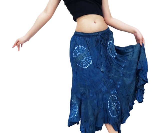 Tie dye Skirt Navy Blue Rayon Skirt Bohemian Skirt Hand Dyed Flared Skirt