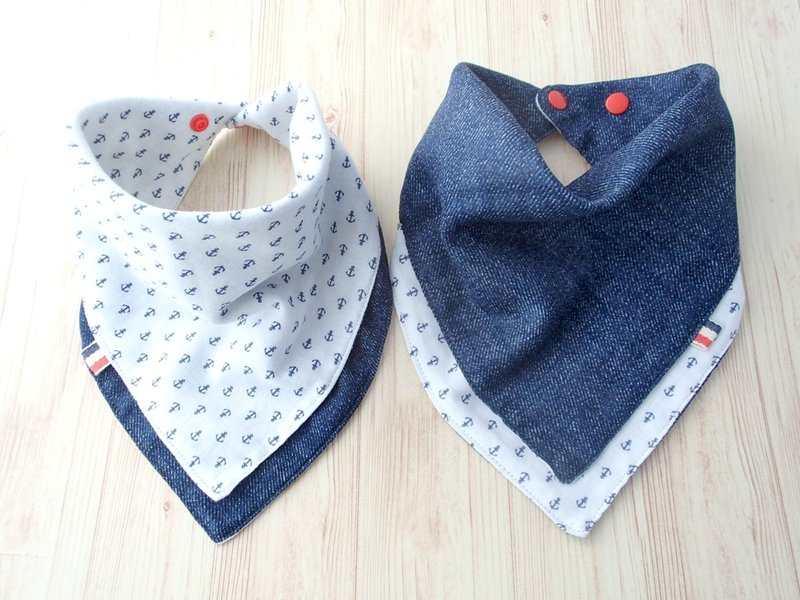 Baby Bib, 口水巾, Saliva Towel. Scarf Bib, Handkerchief, Anchor, Japanese Cotton - 圍兜/口水巾 - 棉．麻 藍色