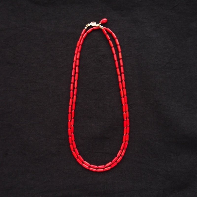 Red Coral Long Necklace レッドコーラル ロングネックレス【Small Tube Shape】 - 項鍊 - 寶石 紅色