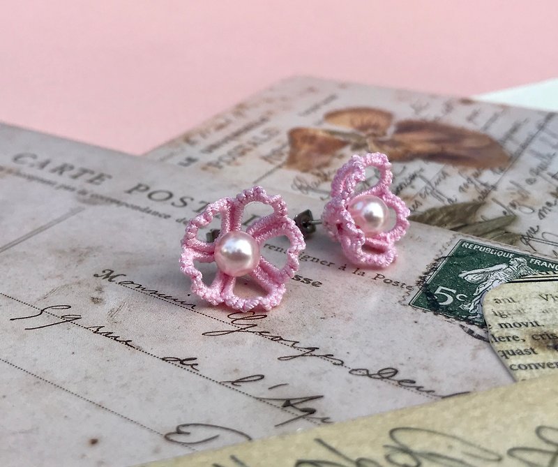 手織立體櫻花耳環-粉紅色 情人節 禮物 Swarovski水晶珍珠 客製化 - 耳環/耳夾 - 棉．麻 粉紅色
