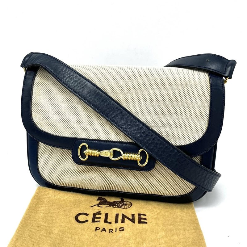 稀有中古二手Celine海軍藍拼白色馬車金扣皮革單肩側背斜孭包手袋 - 側背包/斜背包 - 真皮 藍色