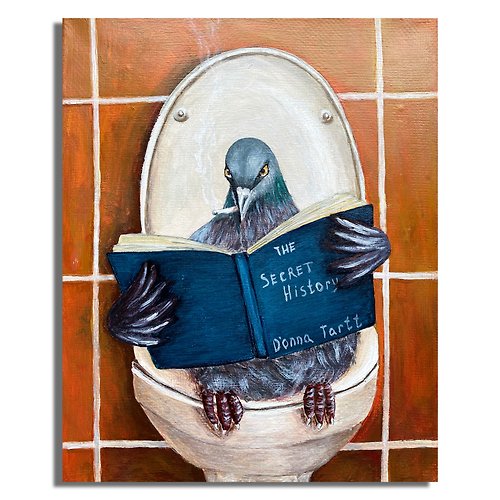 ArtGil Pigeon in the bathroom Wall Art, Bird in the bathroom Painting