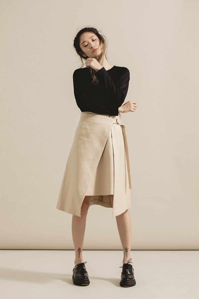 Khaki tie A-line skirt - Skirts - Cotton & Hemp Khaki