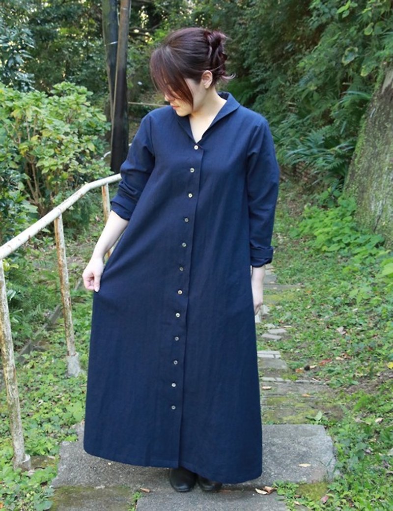 Shawl collar dress in cotton Linen - ชุดเดรส - ผ้าฝ้าย/ผ้าลินิน 