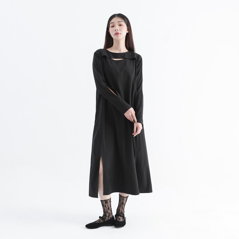 Xianyue_24AF104_Crescent Moon Hollow Dress_Black - ชุดเดรส - เส้นใยสังเคราะห์ สีดำ