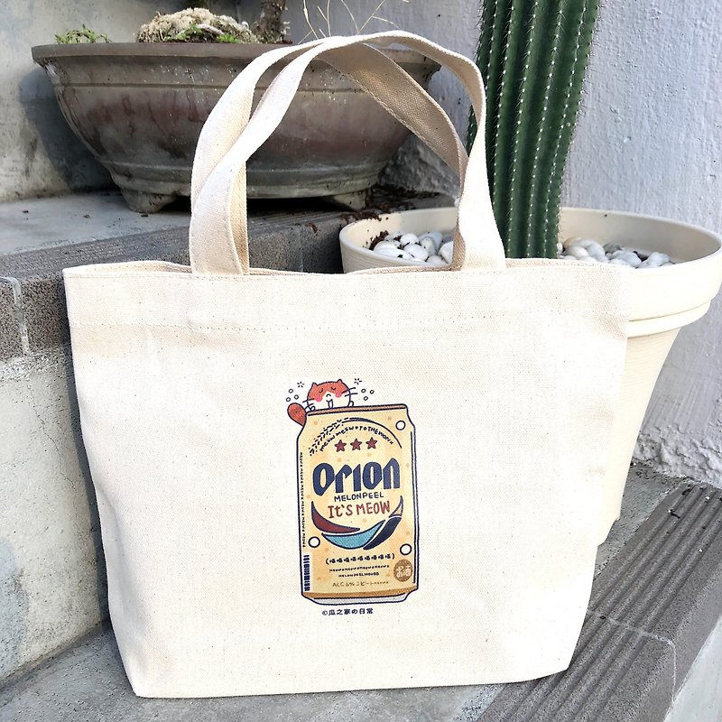 ผ้าฝ้าย/ผ้าลินิน กระเป๋าถือ สีเหลือง - Okinawa Orion draft beer の daily canvas tote bag (lunch bag) hand-printed Canvas bag
