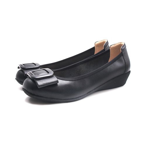 米蘭皮鞋Milano W&M(女)圓頭方釦飾楔型中跟鞋 女鞋-黑色