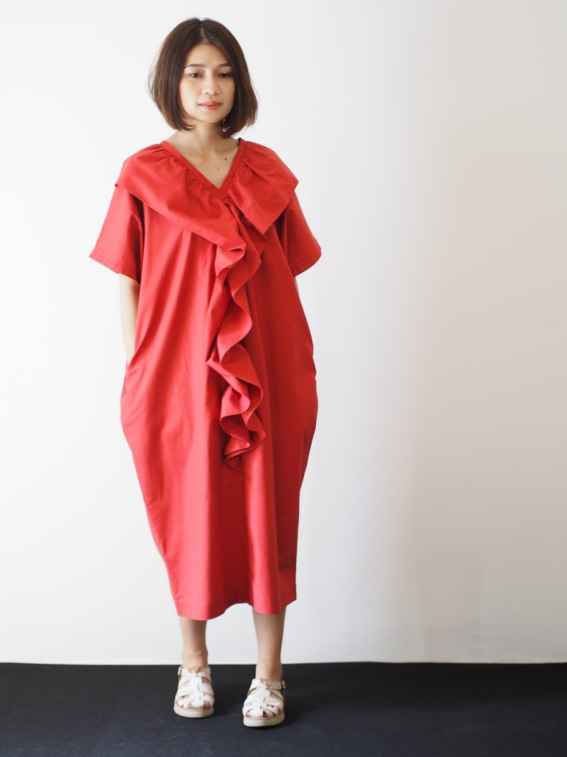 ManiBleu Front Frill V Neck Dress - Burnt Orange - 洋裝/連身裙 - 棉．麻 橘色