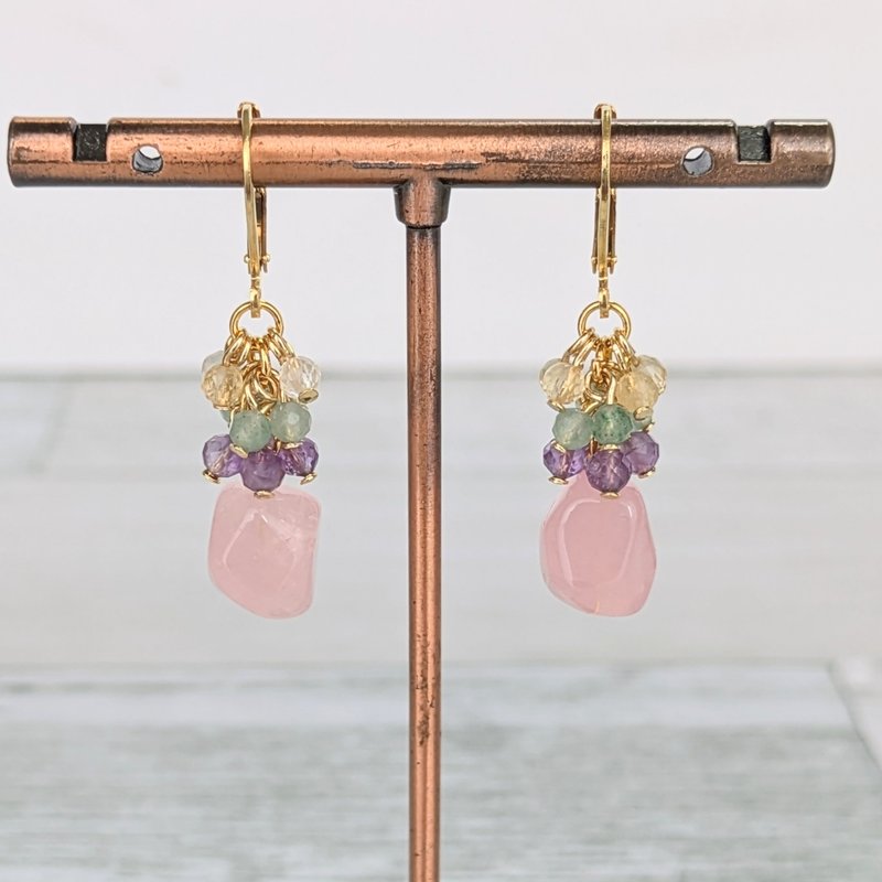 寶石 半寶石 耳環【黃水晶・紫水晶・東菱玉・玫瑰石英】18金PVD - 耳環/耳夾/耳骨夾 - 寶石 