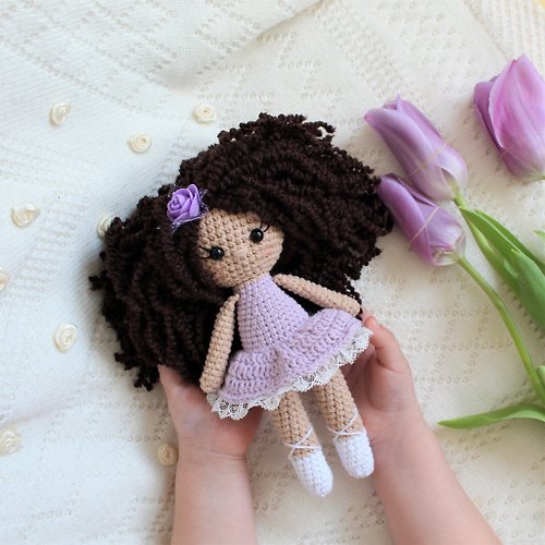 FunnyToys Lilac crochet doll Curly hair flower baby toy, knit ballerina doll, Fairy Doll