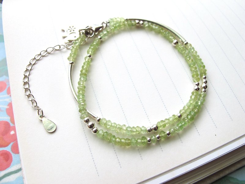 Prehnite x 925 Silver [Small Angle Series-Light Grape]-Double Circle Natural Stone Series - Bracelets - Crystal Green