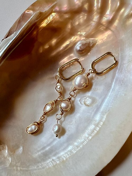 aesthea 手作輕珠寶 手工纏繞天然巴洛克淡水珍珠耳環 |滿額贈情人節生日禮物 14K鍍金
