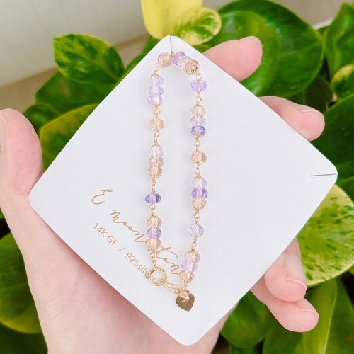 一抹月光 Emoonstone 全冰透鑽石切面閃亮紫黃晶手鍊 招財首選 14K