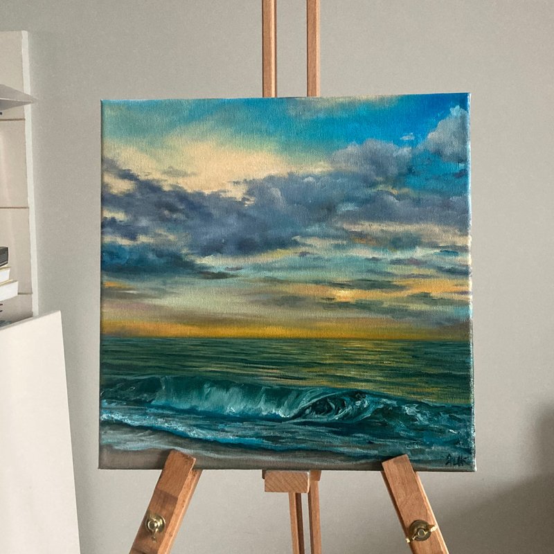 Orange Sunset Painting, Oil Painting, Original Sunset Painting, Handmade Gift - 壁貼/牆壁裝飾 - 棉．麻 橘色