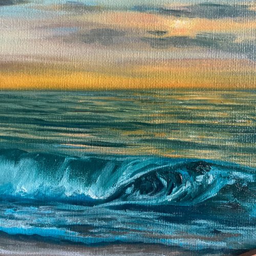 オレンジ色の夕日の絵、油絵、オリジナルの夕日の絵、手作りの