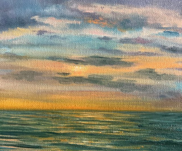 オレンジ色の夕日の絵、油絵、オリジナルの夕日の絵、手作りの