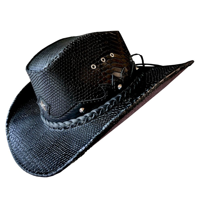 Western Icon Cowboy Ananconda Skin Texture Leather Hat - Hats & Caps - Genuine Leather Black