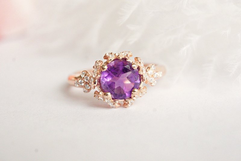 Natural Amethyst Ring Silver 925 With Rose Gold Plated. - 戒指 - 純銀 紫色
