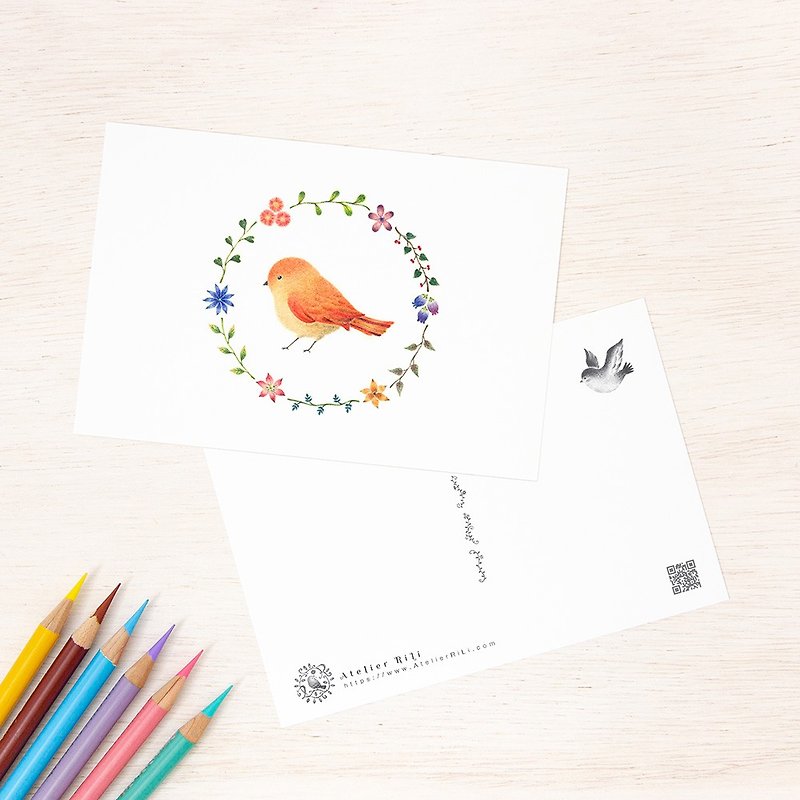 Set of 5 pieces. Like a picture book. Postcard "Orange Bird and Flower Ring" PC-52 - การ์ด/โปสการ์ด - กระดาษ สีส้ม